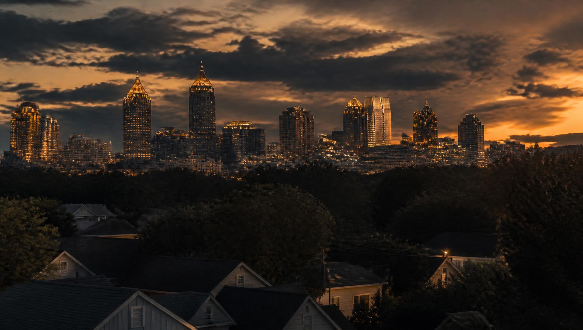 Vista del centro de Atlanta al anochecer sobre los techos residenciales