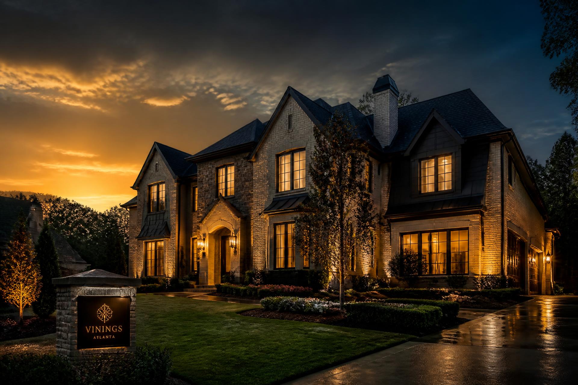 Casa elegante en un vecindario de Atlanta al atardecer